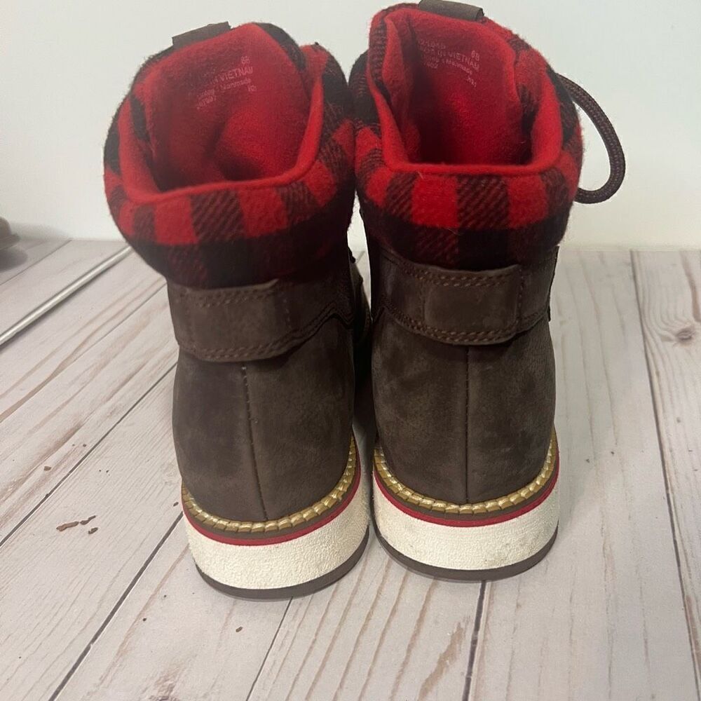 Cole Haan Grand Explore Brown Suede Ankle Boots Wool Buffalo Plaid Red Black Sz - Picture 9 of 10
